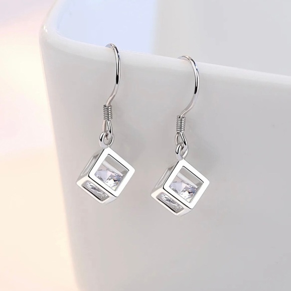 Jewelry - 925 Silver Needle Cubic Zirconia Square Drop Hoop Earrings